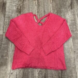 Woven Heart Hot Pink Fuzzy Sweater Eyelash Knit V Neck CrossStrap Womens Size XS